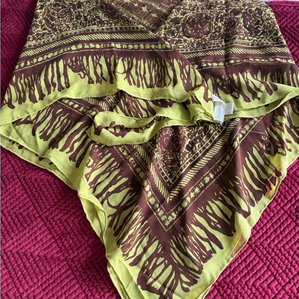 Dana Buchman 100% silk Brown and Green Patterned Scarf ~41” square